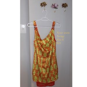 Retro orange and green, lace and satin print dress